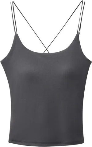 HGps8w Women's Cross Back Built-in Bra Camisoles, Spaghetti Strap Padded Summer Tank Tops Basic Soft Layer Cami Shirts