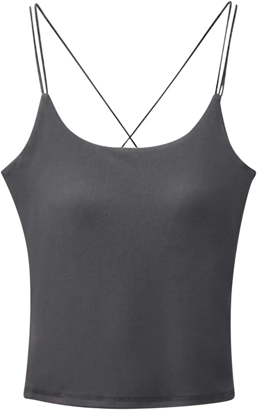 HGps8w Women's Cross Back Built-in Bra Camisoles, Spaghetti Strap Padded Summer Tank Tops Basic Soft Layer Cami Shirts