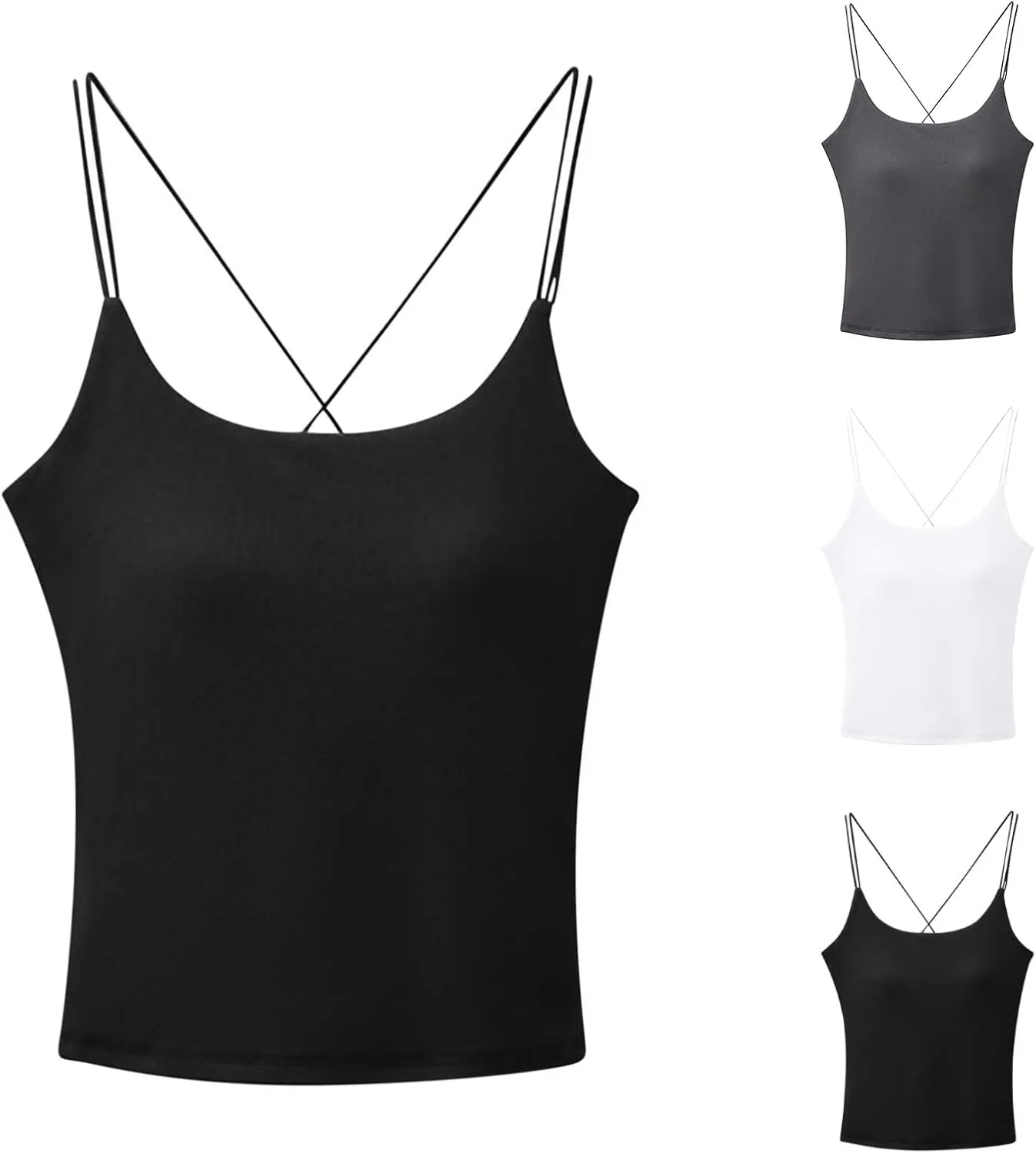 HGps8w Women's Cross Back Built-in Bra Camisoles, Spaghetti Strap Padded Summer Tank Tops Basic Soft Layer Cami Shirts