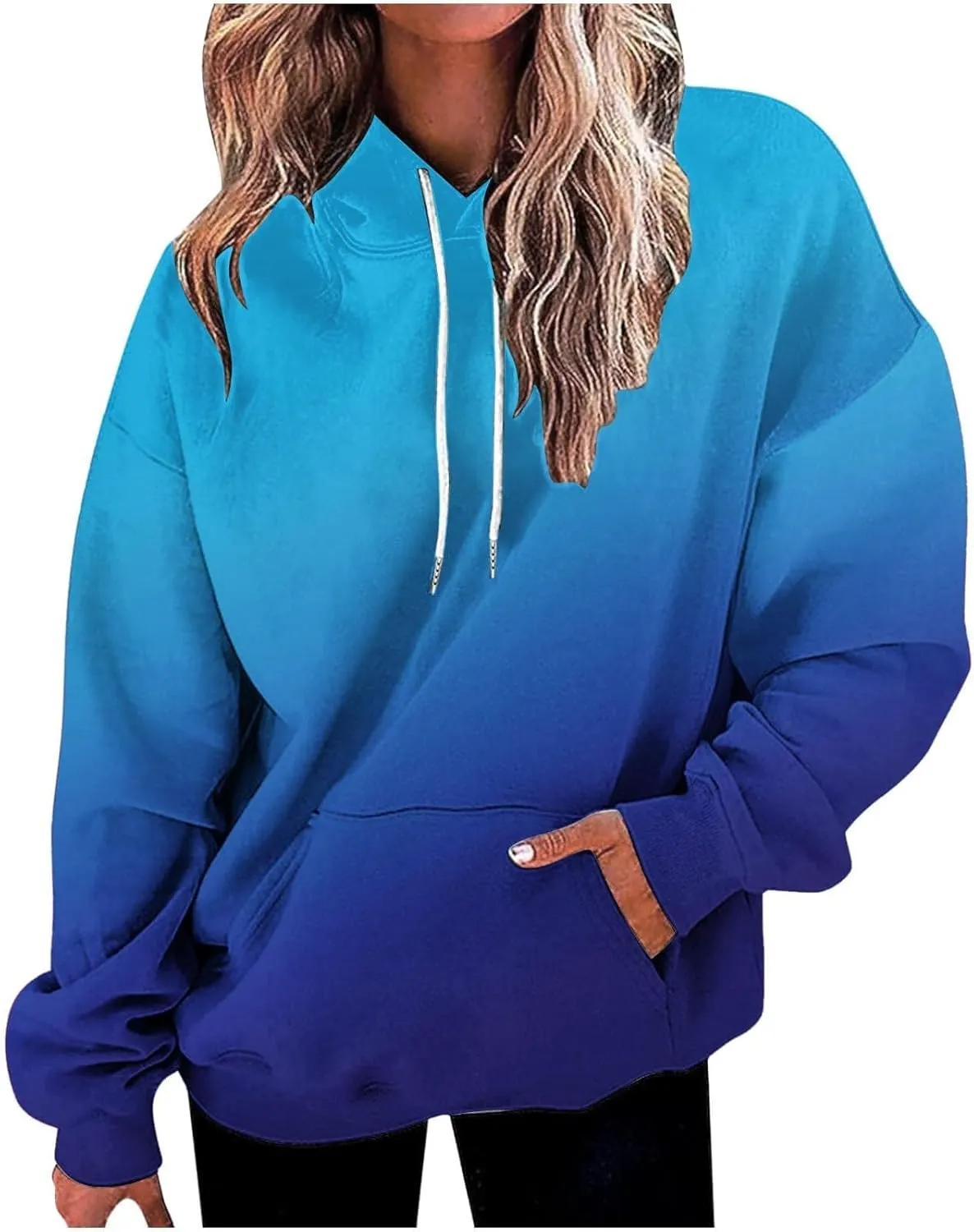 Hoodies For Women Gradient Long Sleeve Oversized Sweatshirts Loose Fit Drawstring Trendy Pullover Tops with Pocket 2024