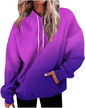 Hoodies For Women Gradient Long Sleeve Oversized Sweatshirts Loose Fit Drawstring Trendy Pullover Tops with Pocket 2024