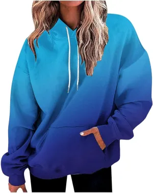 Hoodies For Women Gradient Long Sleeve Oversized Sweatshirts Loose Fit Drawstring Trendy Pullover Tops with Pocket 2024