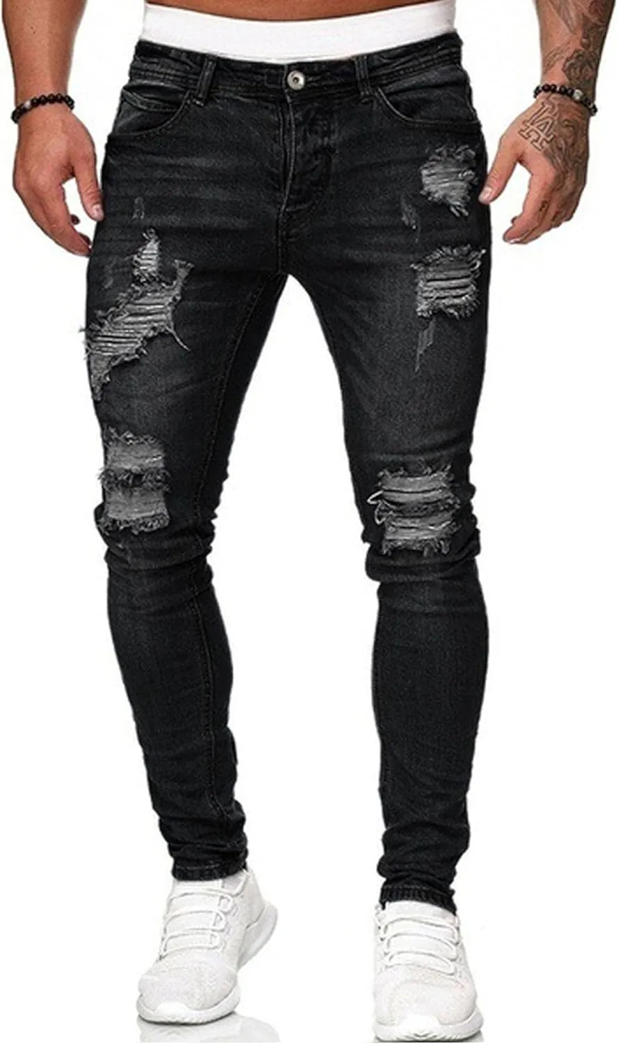 HUNGSON Men's Blue Slim Fit Jeans Stretch Destroyed Ripped Skinny Jeans Side Striped Denim Pants