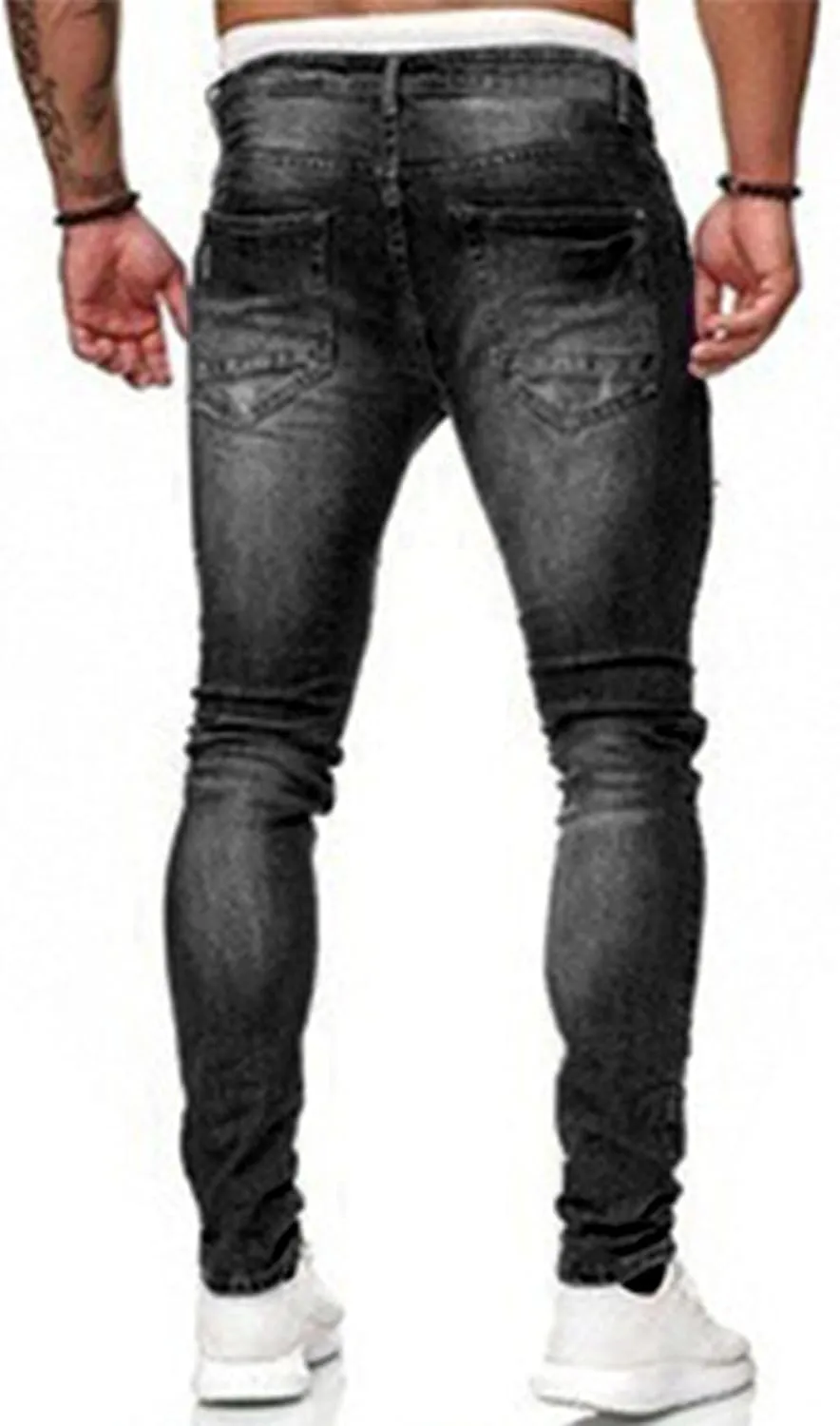 HUNGSON Men's Blue Slim Fit Jeans Stretch Destroyed Ripped Skinny Jeans Side Striped Denim Pants