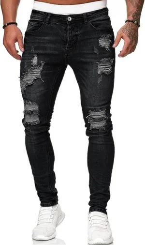 HUNGSON Men's Blue Slim Fit Jeans Stretch Destroyed Ripped Skinny Jeans Side Striped Denim Pants