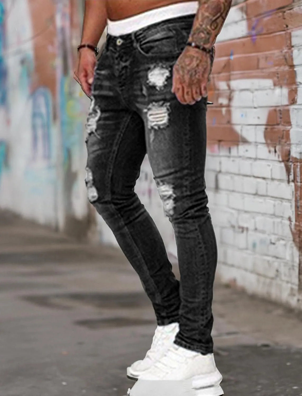 HUNGSON Men's Blue Slim Fit Jeans Stretch Destroyed Ripped Skinny Jeans Side Striped Denim Pants
