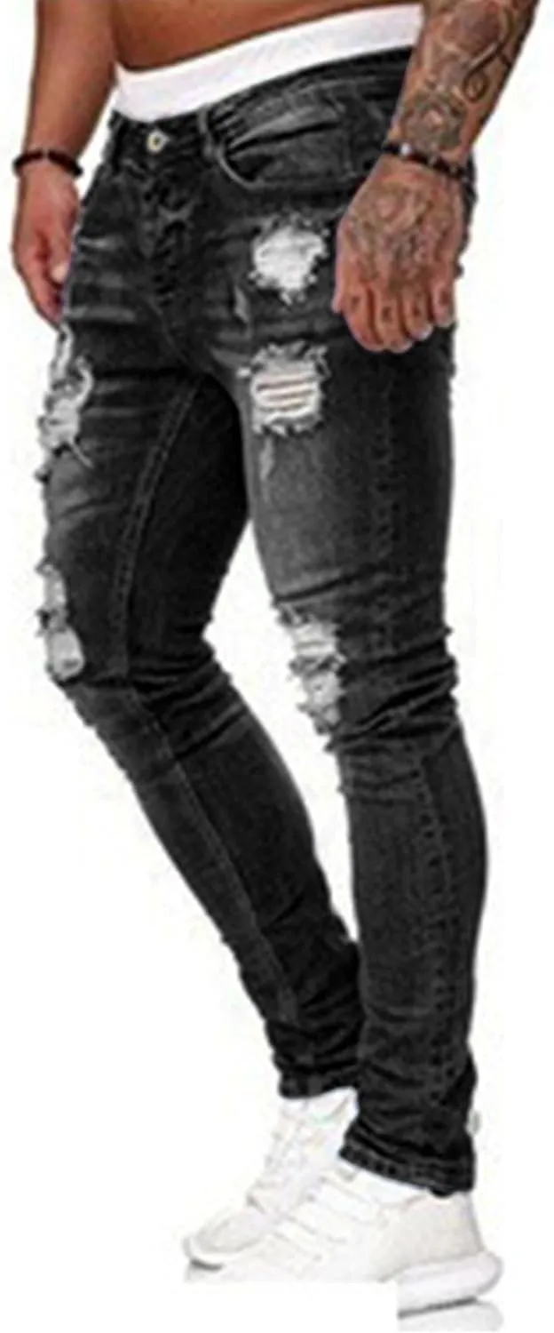 HUNGSON Men's Blue Slim Fit Jeans Stretch Destroyed Ripped Skinny Jeans Side Striped Denim Pants