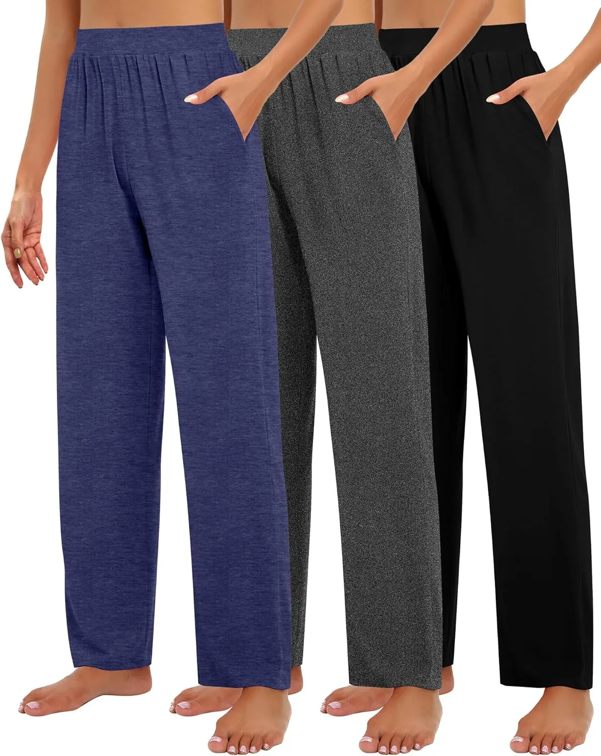 Huukeay 3 Pack Women's Lounge Pants, Cozy Wide Leg Lounge Pants with Pockets Loose Flowy Yoga Sweatpants Workout Comfy Jogger