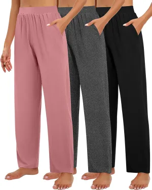 Huukeay 3 Pack Women's Lounge Pants, Cozy Wide Leg Lounge Pants with Pockets Loose Flowy Yoga Sweatpants Workout Comfy Jogger