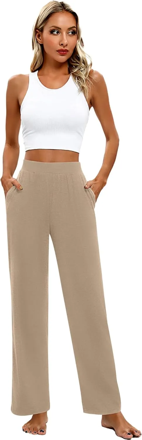 Huukeay 3 Pack Women's Lounge Pants, Cozy Wide Leg Lounge Pants with Pockets Loose Flowy Yoga Sweatpants Workout Comfy Jogger