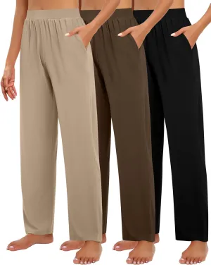 Huukeay 3 Pack Women's Lounge Pants, Cozy Wide Leg Lounge Pants with Pockets Loose Flowy Yoga Sweatpants Workout Comfy Jogger