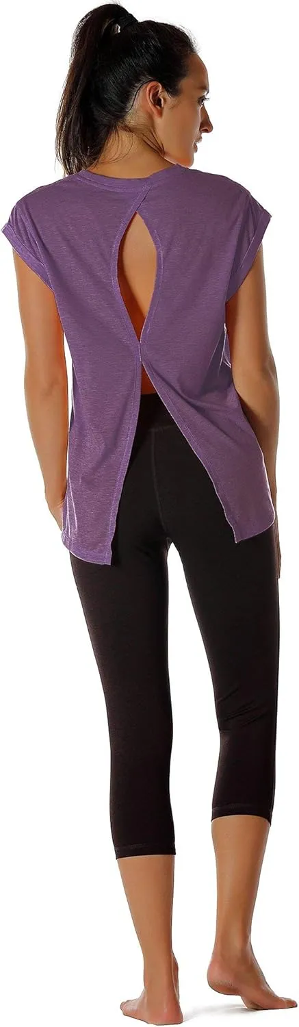 icyzone Open Back Workout Top Shirts - Yoga t-Shirts Activewear Exercise Tops for Women