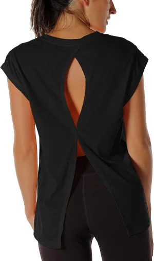 icyzone Open Back Workout Top Shirts - Yoga t-Shirts Activewear Exercise Tops for Women