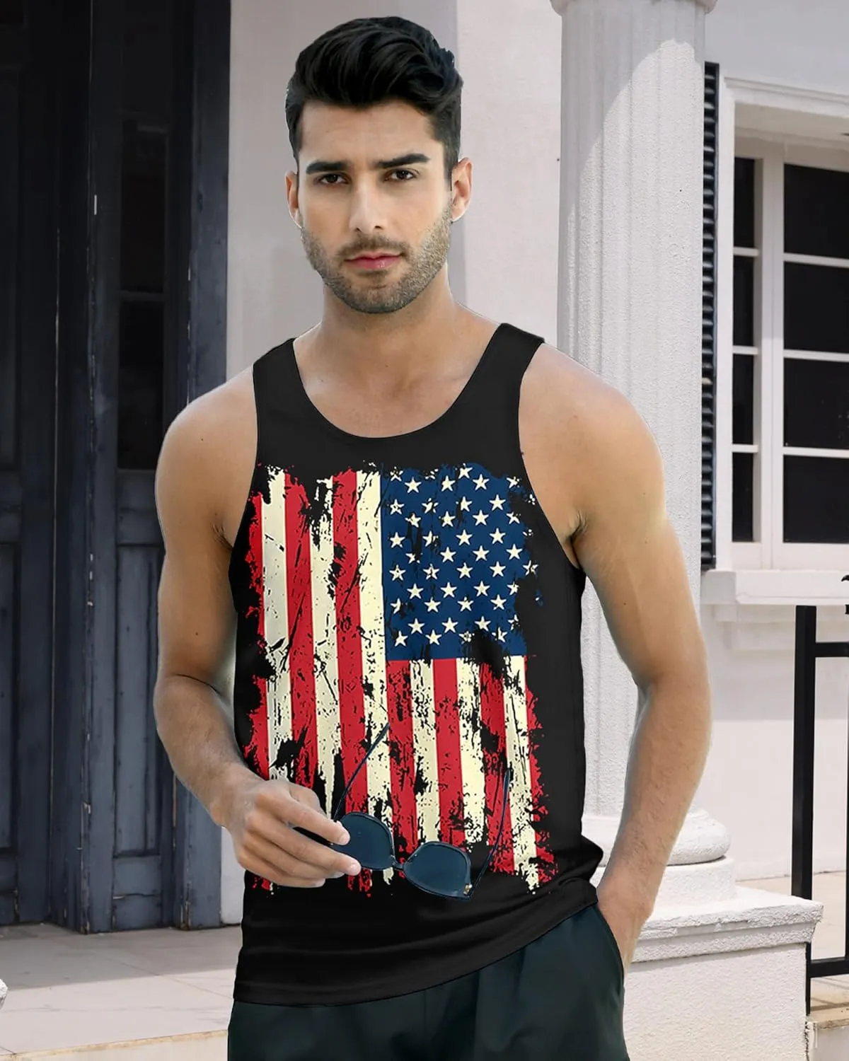 Idgreatim Men's Casual Tank Tops American Flag Print Sleeveless Muscle Patriotic Tees