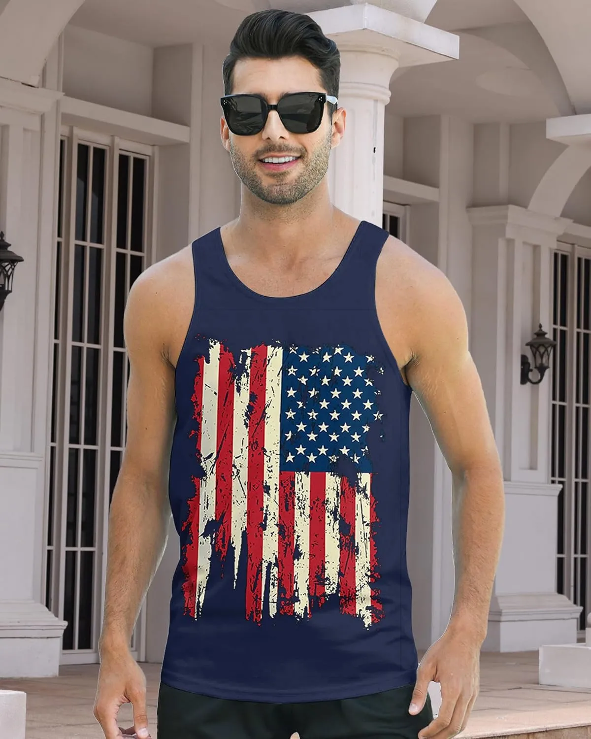 Idgreatim Men's Casual Tank Tops American Flag Print Sleeveless Muscle Patriotic Tees