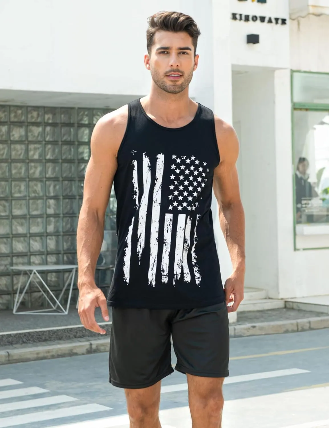 Idgreatim Men's Casual Tank Tops American Flag Print Sleeveless Muscle Patriotic Tees