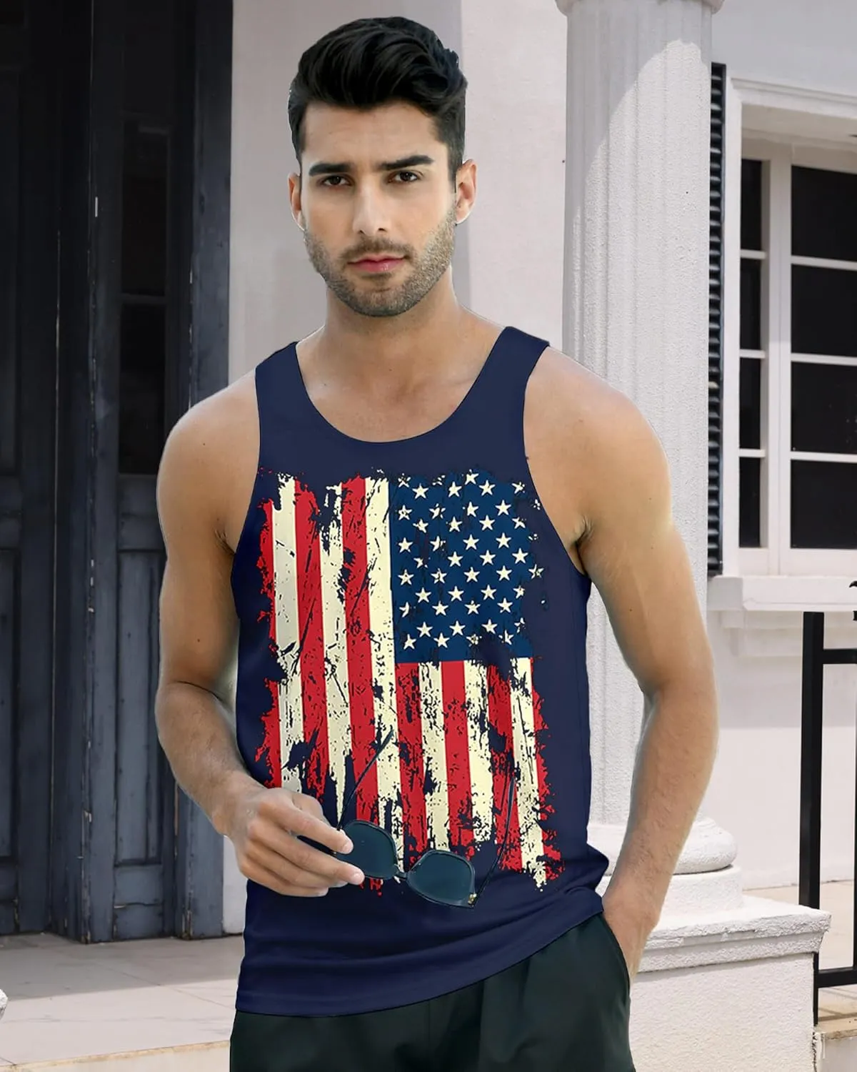Idgreatim Men's Casual Tank Tops American Flag Print Sleeveless Muscle Patriotic Tees