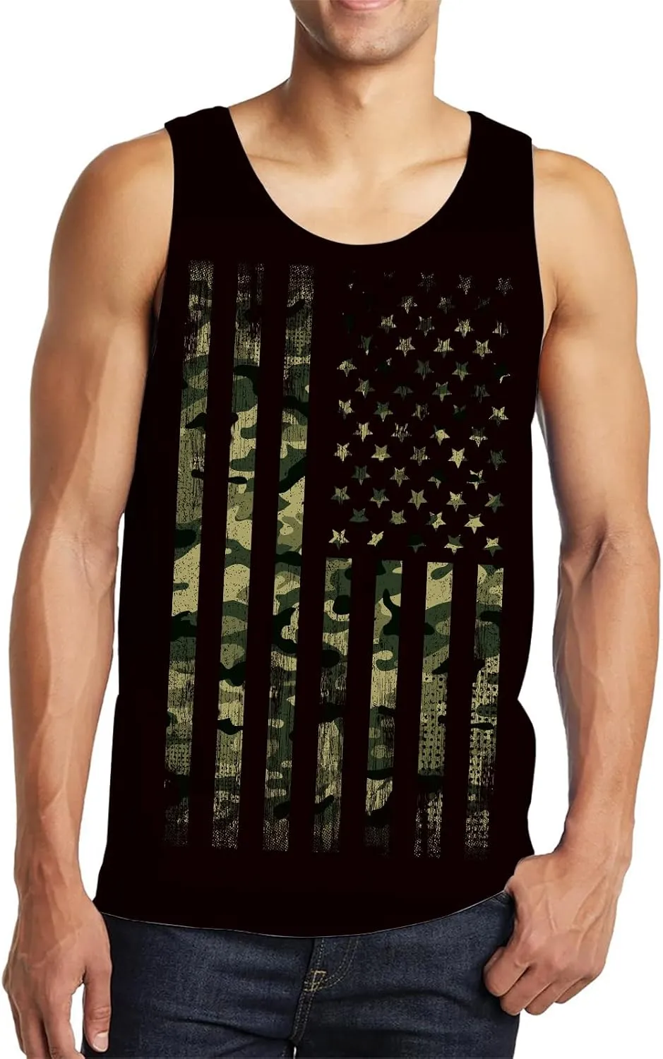 Idgreatim Men's Casual Tank Tops American Flag Print Sleeveless Muscle Patriotic Tees