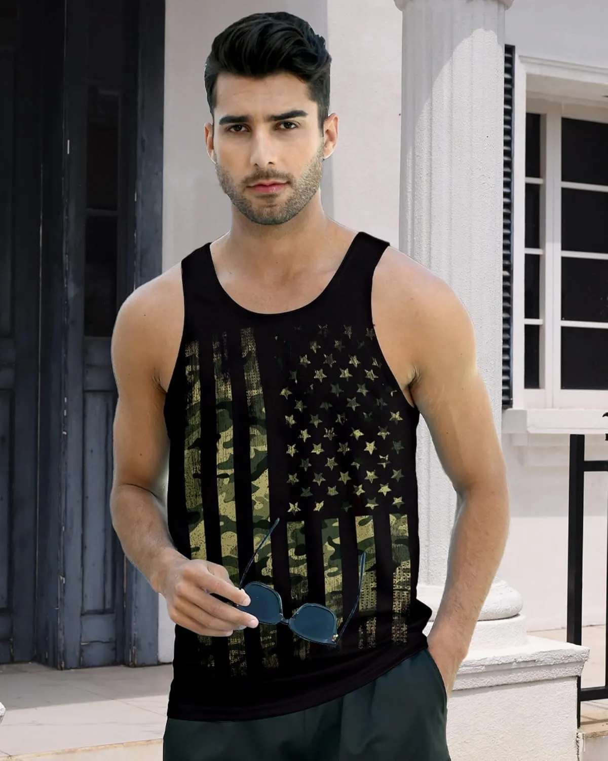 Idgreatim Men's Casual Tank Tops American Flag Print Sleeveless Muscle Patriotic Tees
