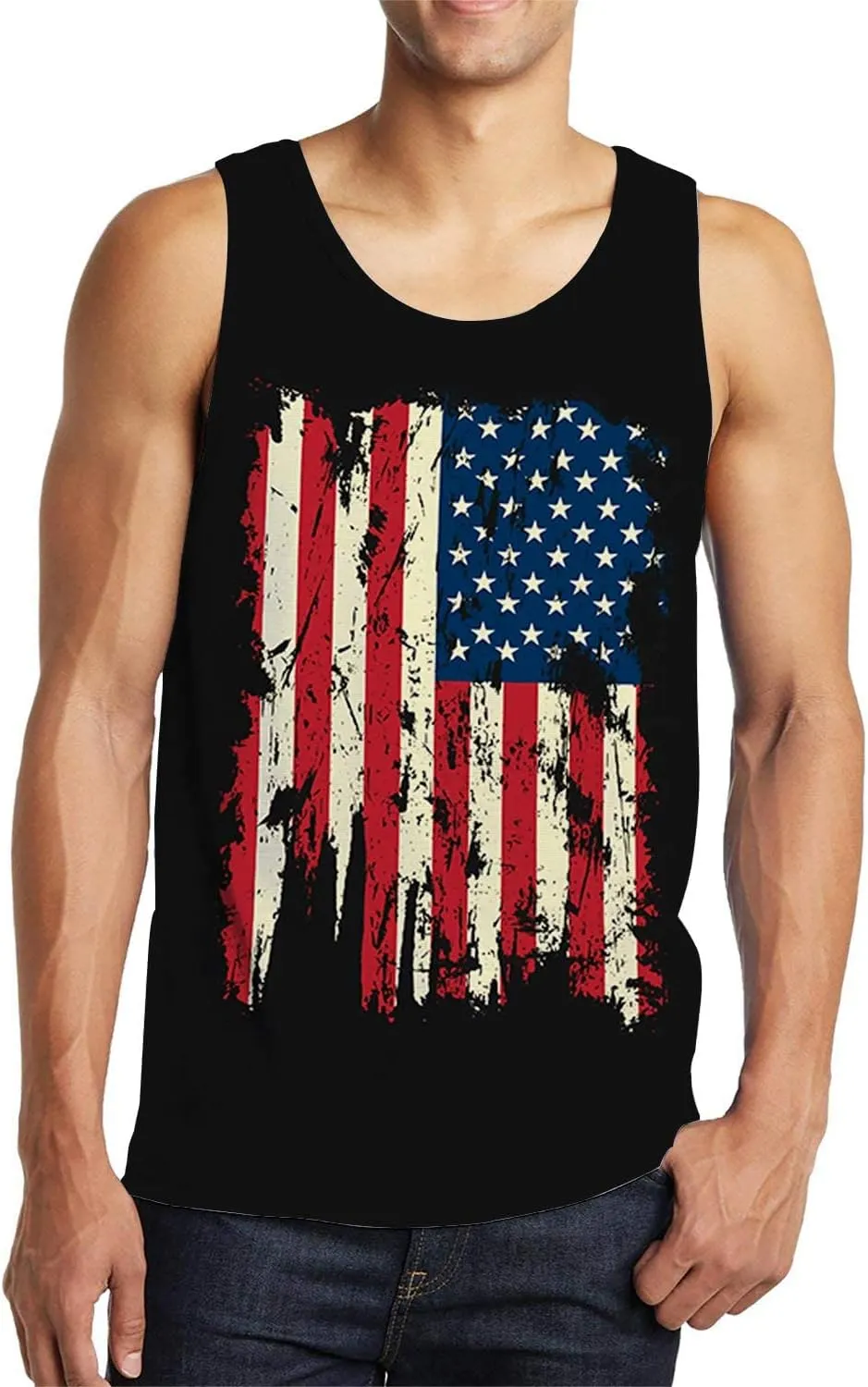Idgreatim Men's Casual Tank Tops American Flag Print Sleeveless Muscle Patriotic Tees