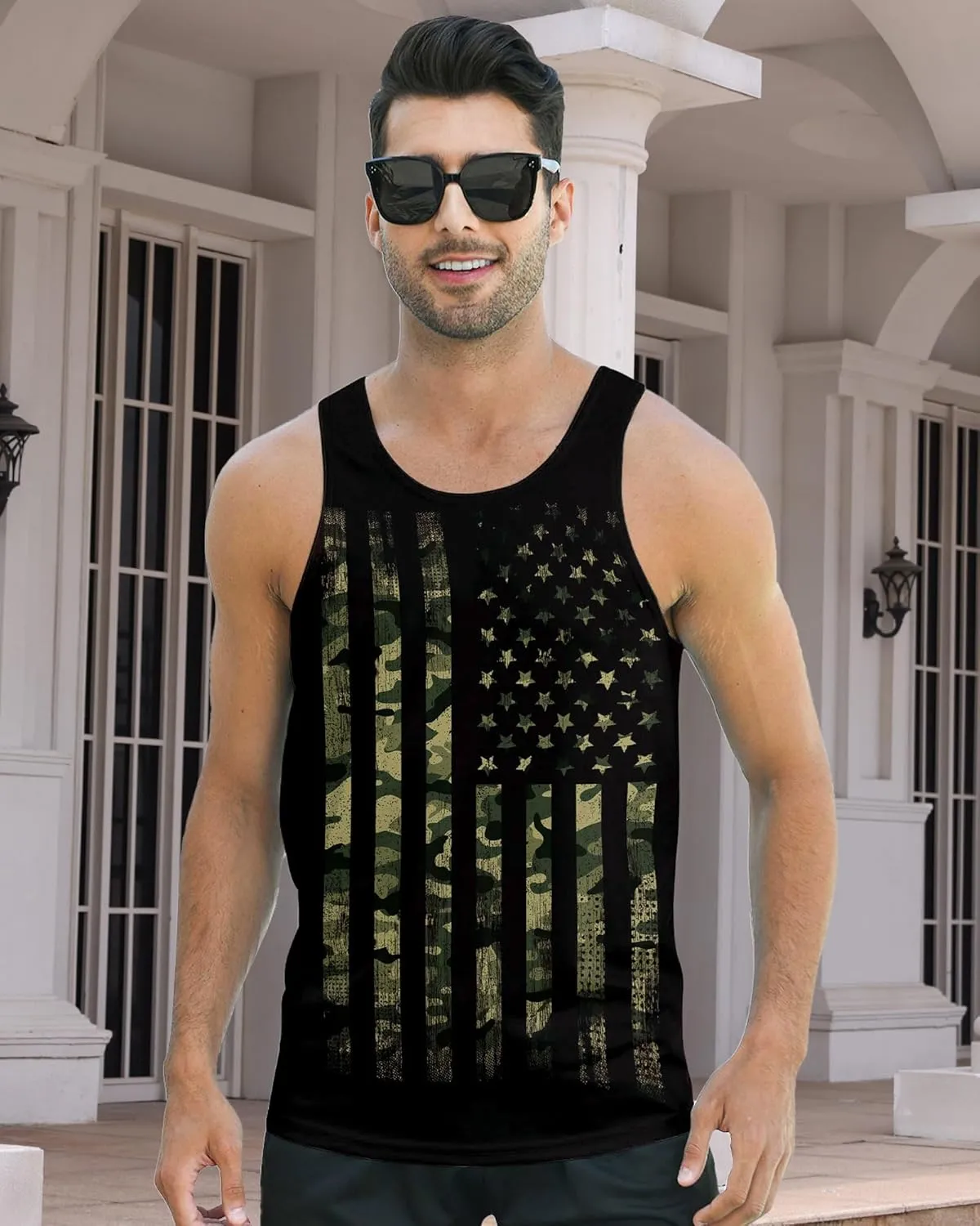 Idgreatim Men's Casual Tank Tops American Flag Print Sleeveless Muscle Patriotic Tees