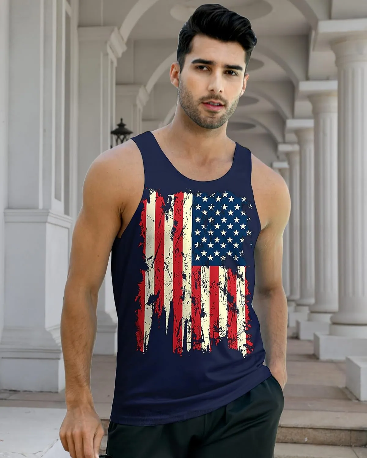 Idgreatim Men's Casual Tank Tops American Flag Print Sleeveless Muscle Patriotic Tees