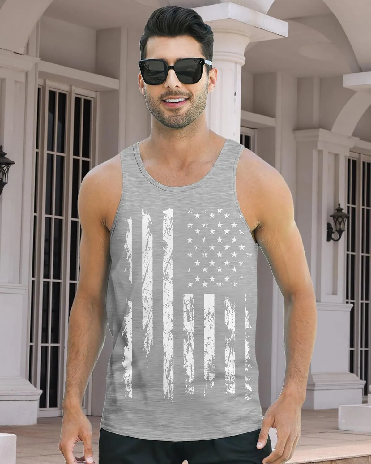 Idgreatim Men's Casual Tank Tops American Flag Print Sleeveless Muscle Patriotic Tees