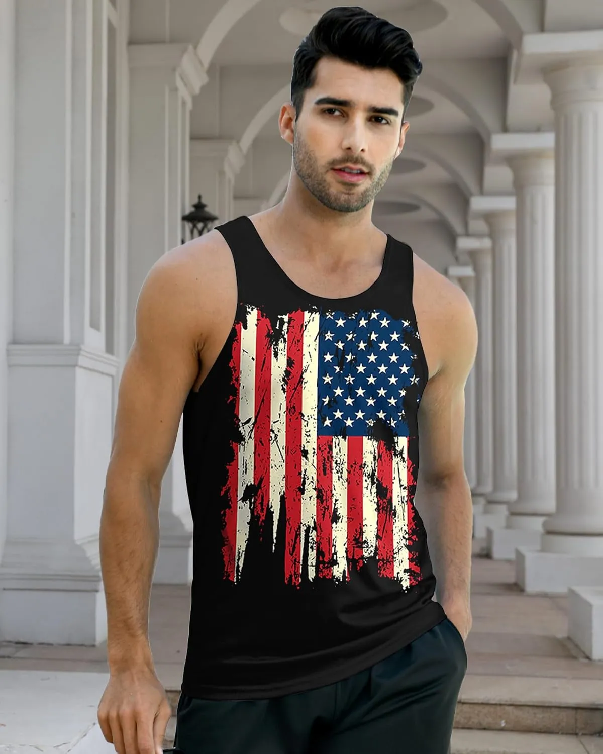 Idgreatim Men's Casual Tank Tops American Flag Print Sleeveless Muscle Patriotic Tees