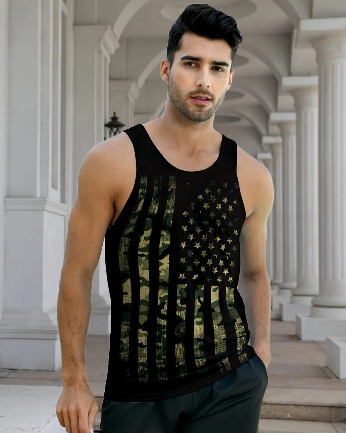 Idgreatim Men's Casual Tank Tops American Flag Print Sleeveless Muscle Patriotic Tees