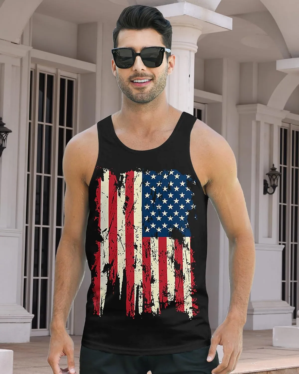 Idgreatim Men's Casual Tank Tops American Flag Print Sleeveless Muscle Patriotic Tees