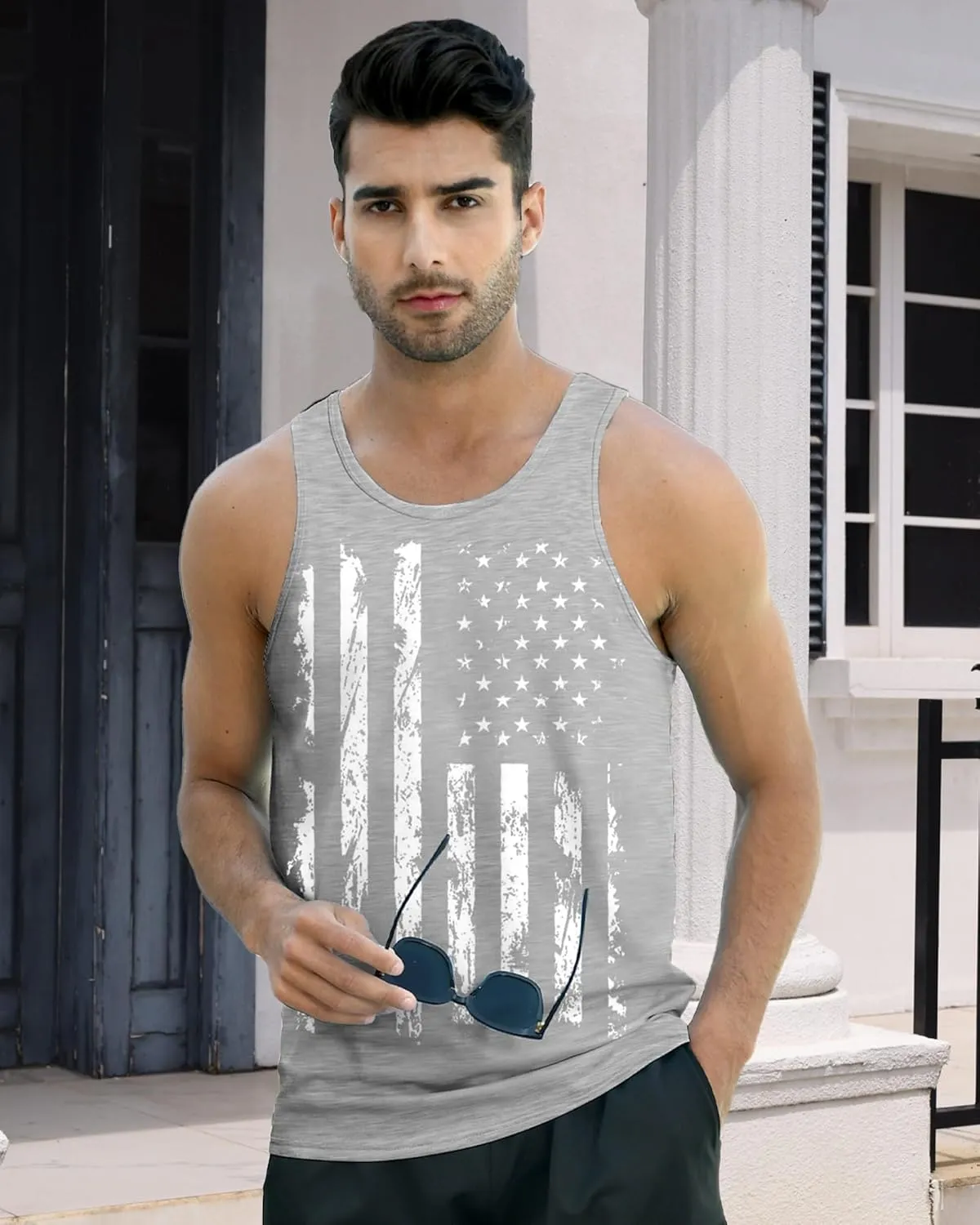 Idgreatim Men's Casual Tank Tops American Flag Print Sleeveless Muscle Patriotic Tees