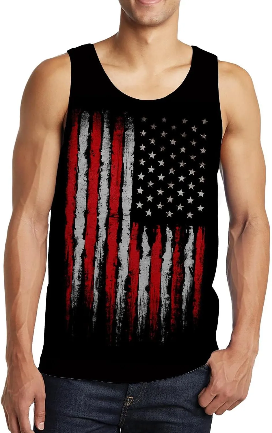 Idgreatim Men's Casual Tank Tops American Flag Print Sleeveless Muscle Patriotic Tees