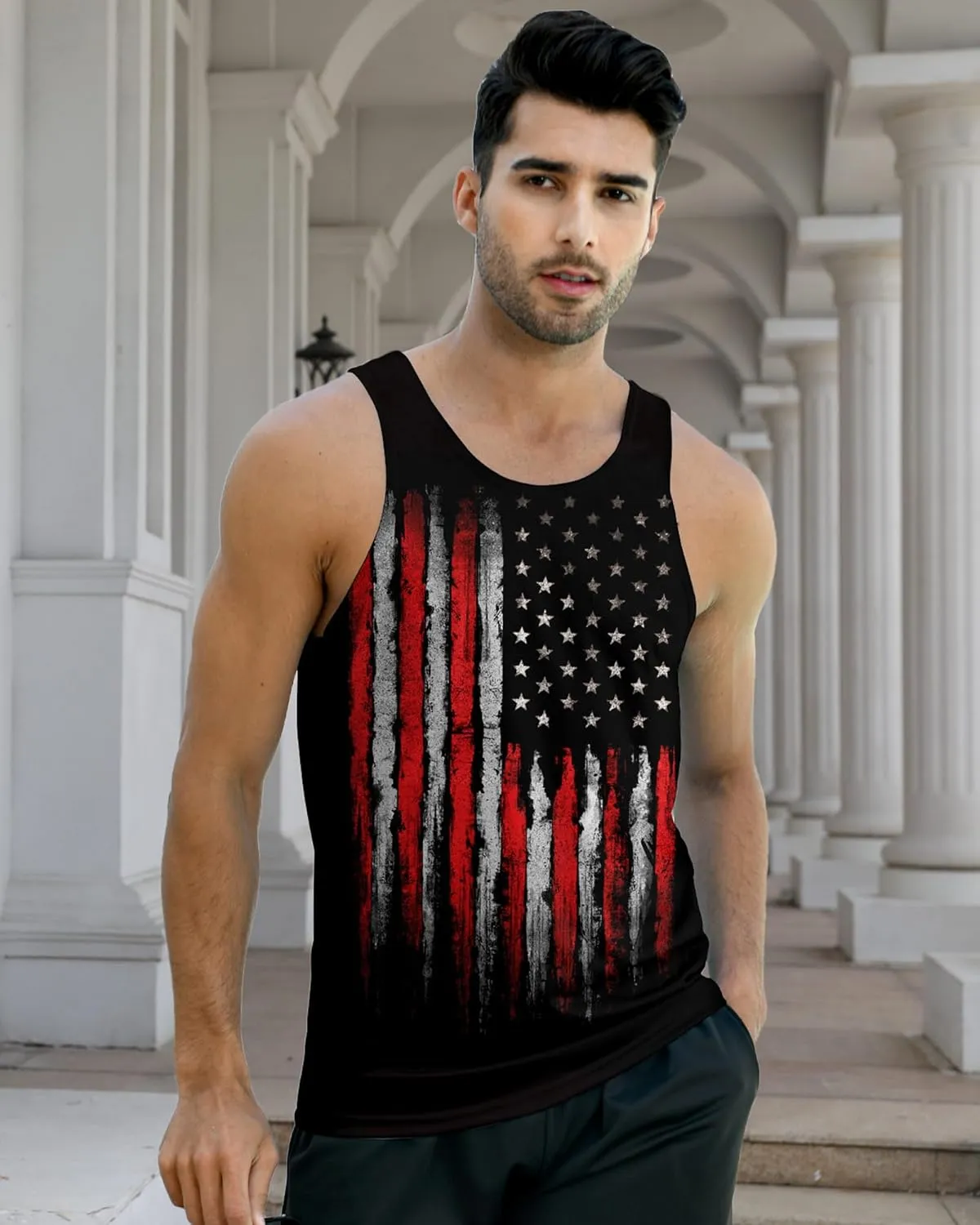 Idgreatim Men's Casual Tank Tops American Flag Print Sleeveless Muscle Patriotic Tees