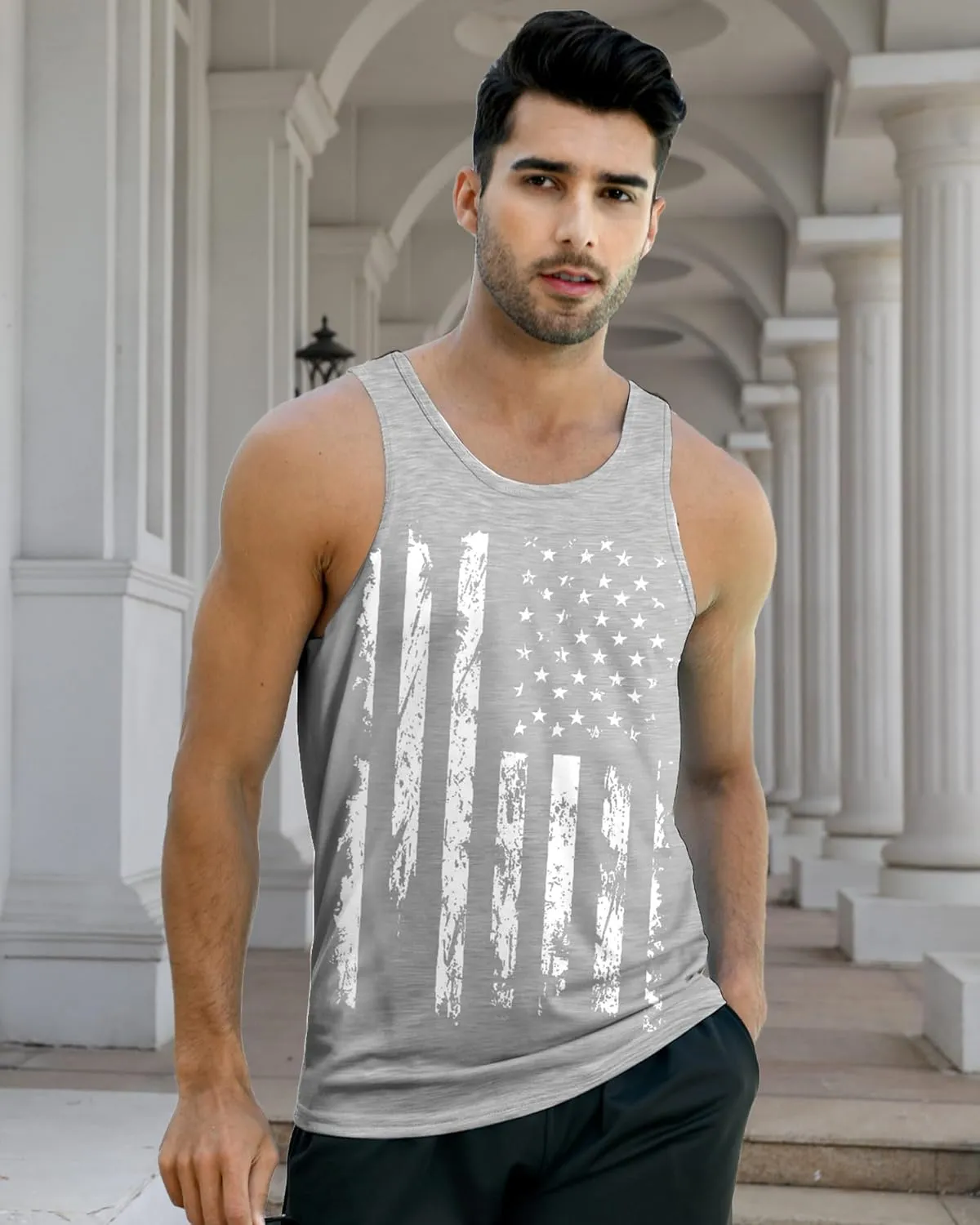 Idgreatim Men's Casual Tank Tops American Flag Print Sleeveless Muscle Patriotic Tees