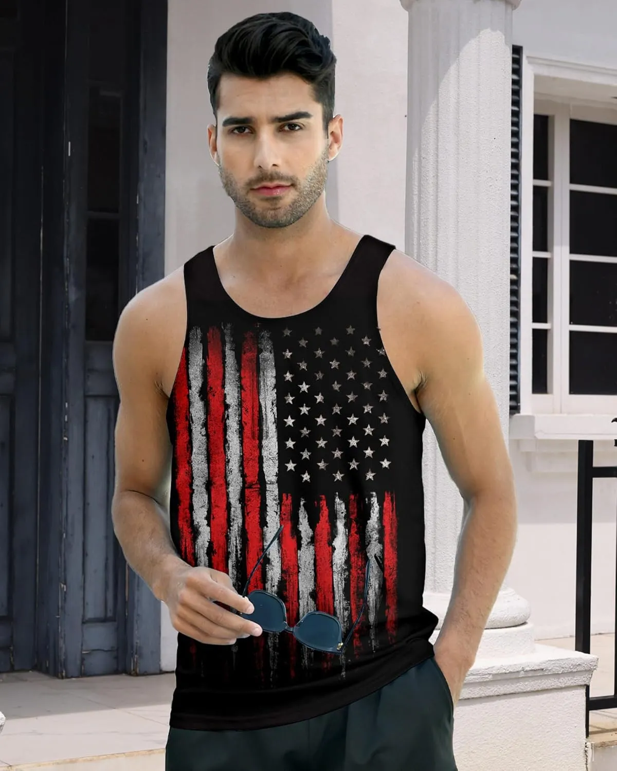 Idgreatim Men's Casual Tank Tops American Flag Print Sleeveless Muscle Patriotic Tees