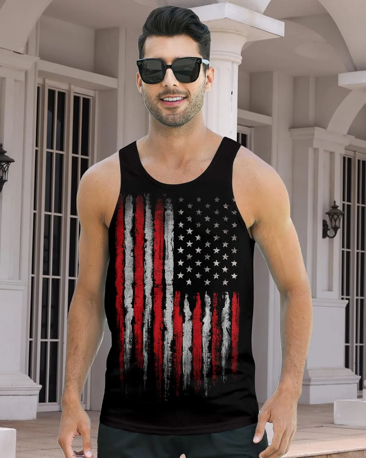 Idgreatim Men's Casual Tank Tops American Flag Print Sleeveless Muscle Patriotic Tees