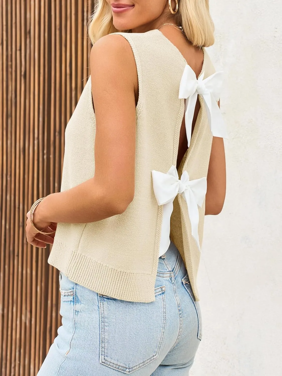 Imily Bela Womens Sweater Vest Top Summer Bow Tie Back Sleeveless Casual Knit Crop Tank Tops