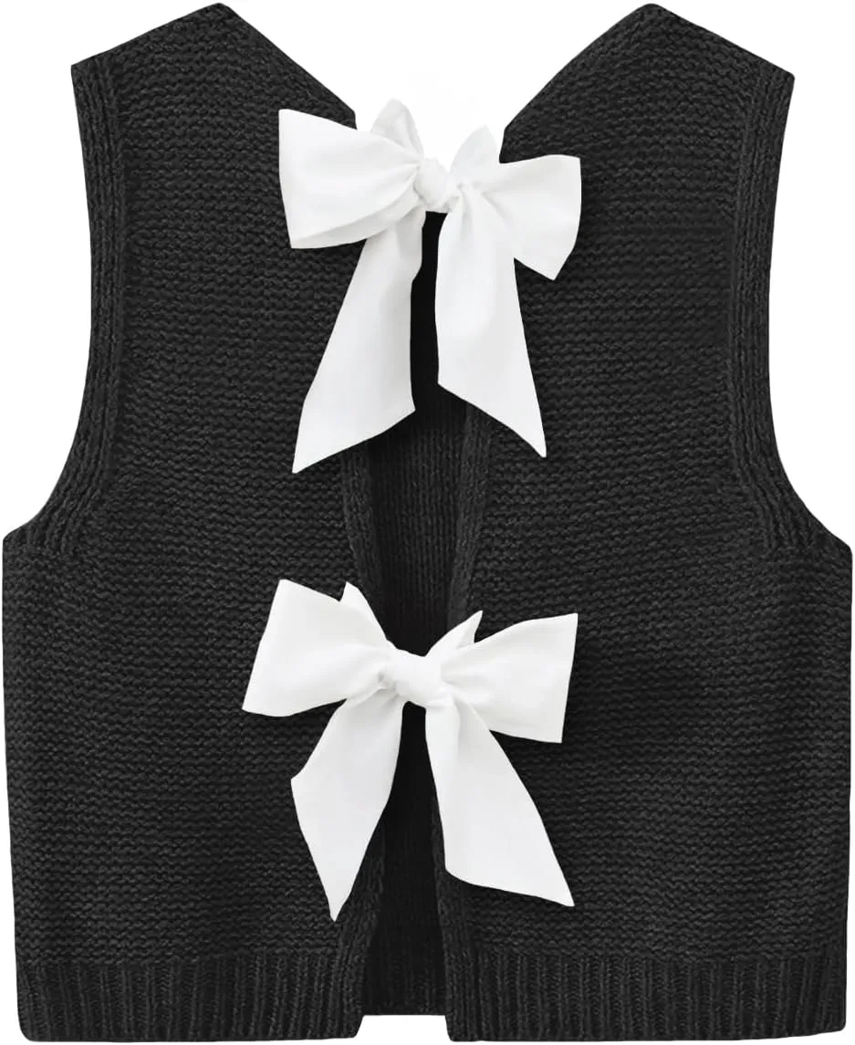 Imily Bela Womens Sweater Vest Top Summer Bow Tie Back Sleeveless Casual Knit Crop Tank Tops