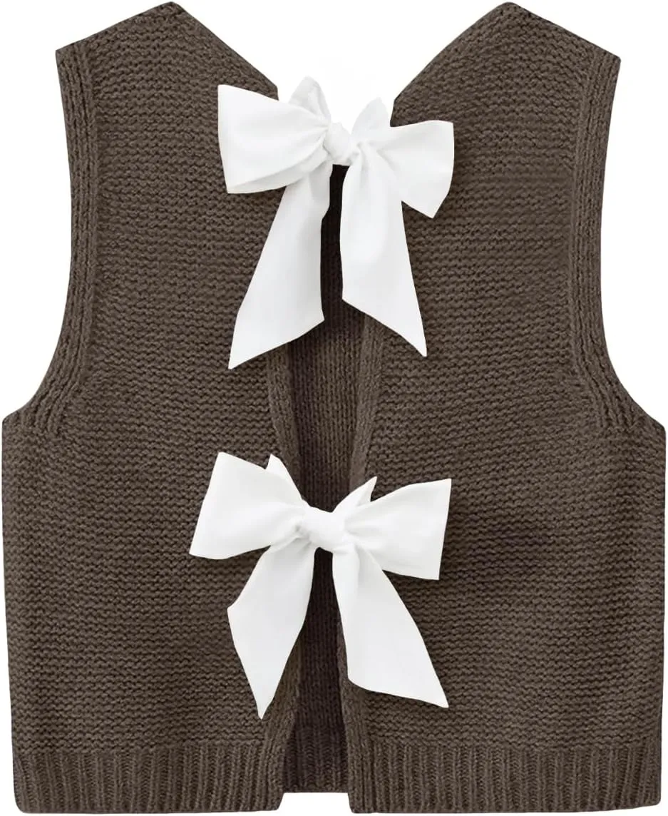 Imily Bela Womens Sweater Vest Top Summer Bow Tie Back Sleeveless Casual Knit Crop Tank Tops