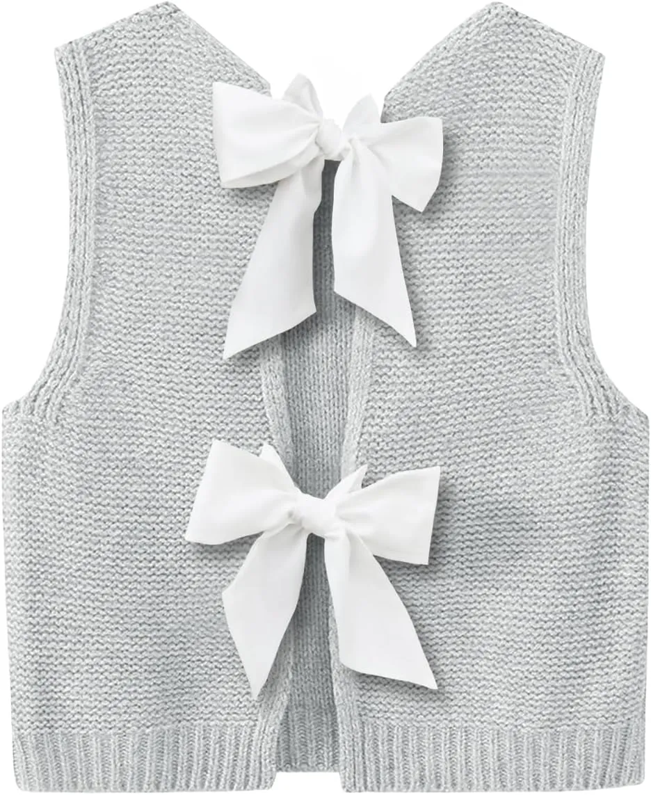 Imily Bela Womens Sweater Vest Top Summer Bow Tie Back Sleeveless Casual Knit Crop Tank Tops