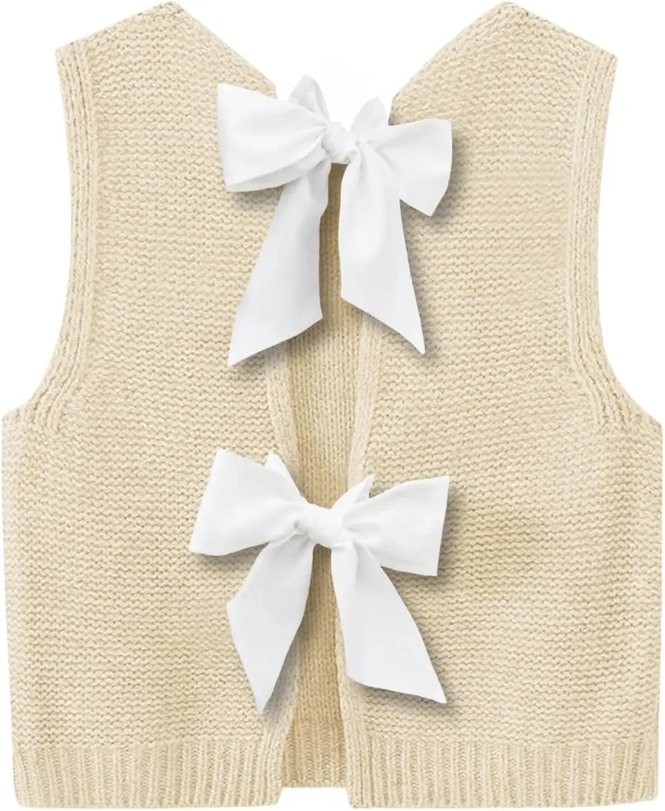 Imily Bela Womens Sweater Vest Top Summer Bow Tie Back Sleeveless Casual Knit Crop Tank Tops