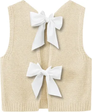 Imily Bela Womens Sweater Vest Top Summer Bow Tie Back Sleeveless Casual Knit Crop Tank Tops