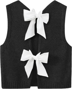 Imily Bela Womens Sweater Vest Top Summer Bow Tie Back Sleeveless Casual Knit Crop Tank Tops
