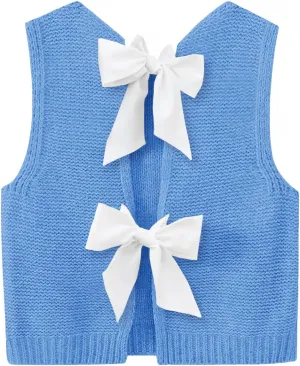 Imily Bela Womens Sweater Vest Top Summer Bow Tie Back Sleeveless Casual Knit Crop Tank Tops