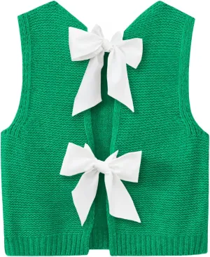 Imily Bela Womens Sweater Vest Top Summer Bow Tie Back Sleeveless Casual Knit Crop Tank Tops