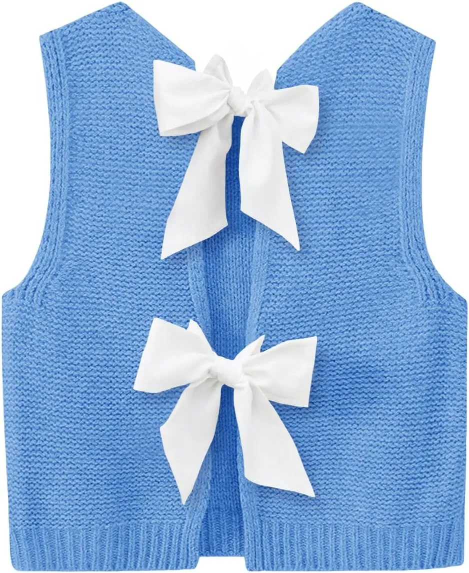Imily Bela Womens Sweater Vest Top Summer Bow Tie Back Sleeveless Casual Knit Crop Tank Tops