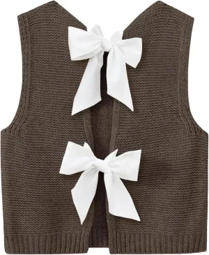 Imily Bela Womens Sweater Vest Top Summer Bow Tie Back Sleeveless Casual Knit Crop Tank Tops