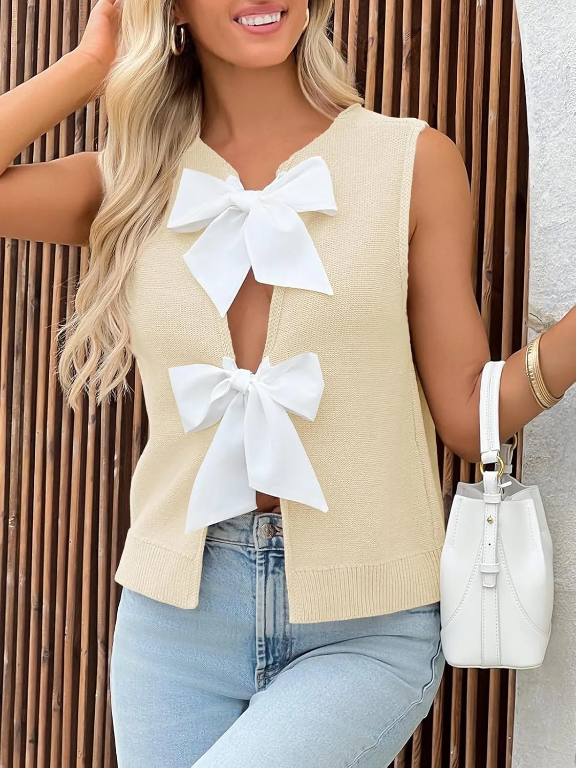 Imily Bela Womens Sweater Vest Top Summer Bow Tie Back Sleeveless Casual Knit Crop Tank Tops