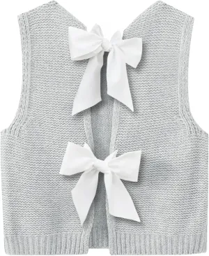 Imily Bela Womens Sweater Vest Top Summer Bow Tie Back Sleeveless Casual Knit Crop Tank Tops