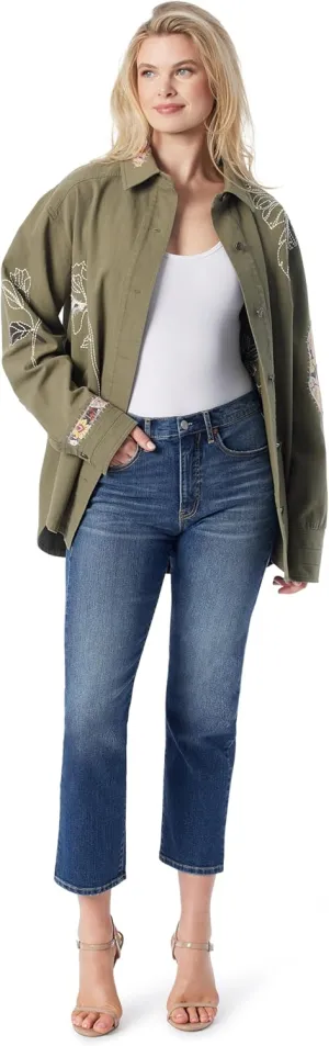 Jessica Simpson Women's Button Down Collared Shacket with Side Slits Standard, Bronze Green-Embroidered